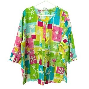 Hot Cotton Women's  2X Hawaiian Floral Print 3/4 Sleeve Beach Vacation Blouse